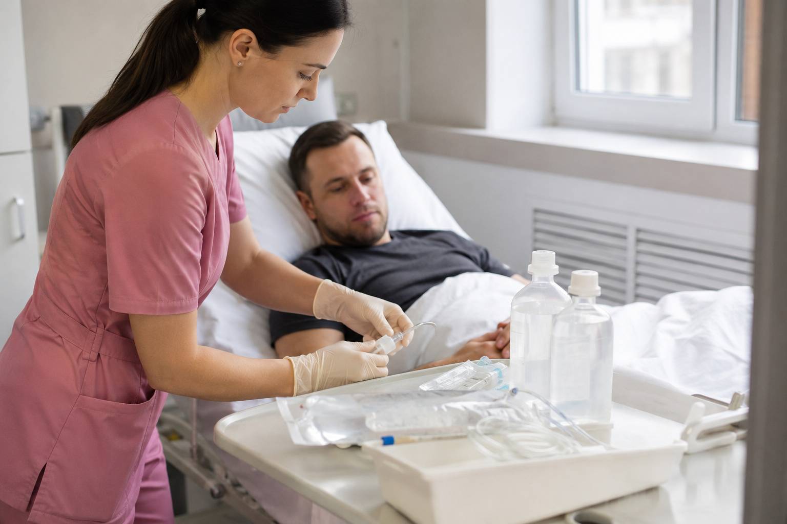 Специалист готовит пациента к капельнице Стерофундин